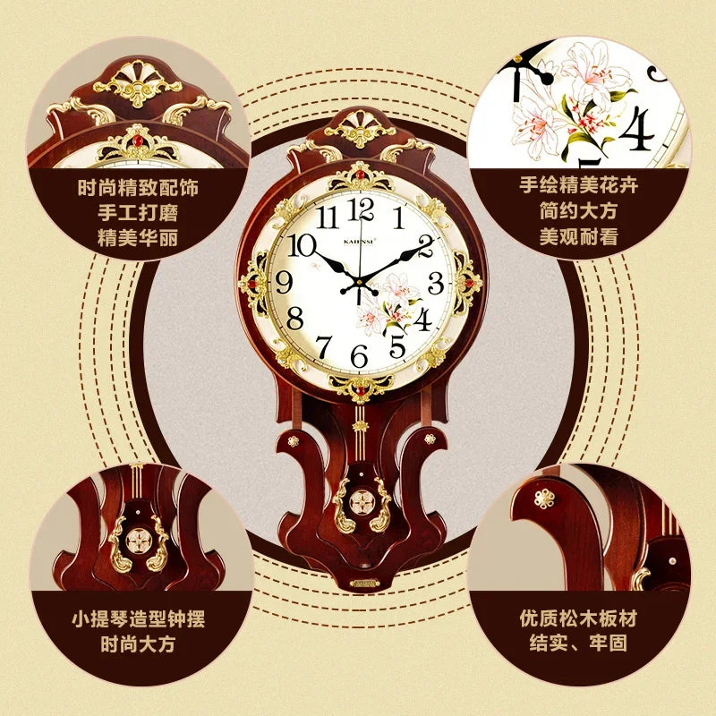 horloge murale bois doré motif floral vintage classique fixation decoration maison