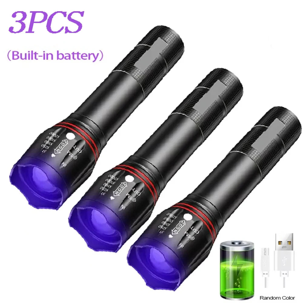 lampe torche uv rechargeable 395nm noir texturé modernes modes lumineux haut bas clignotant