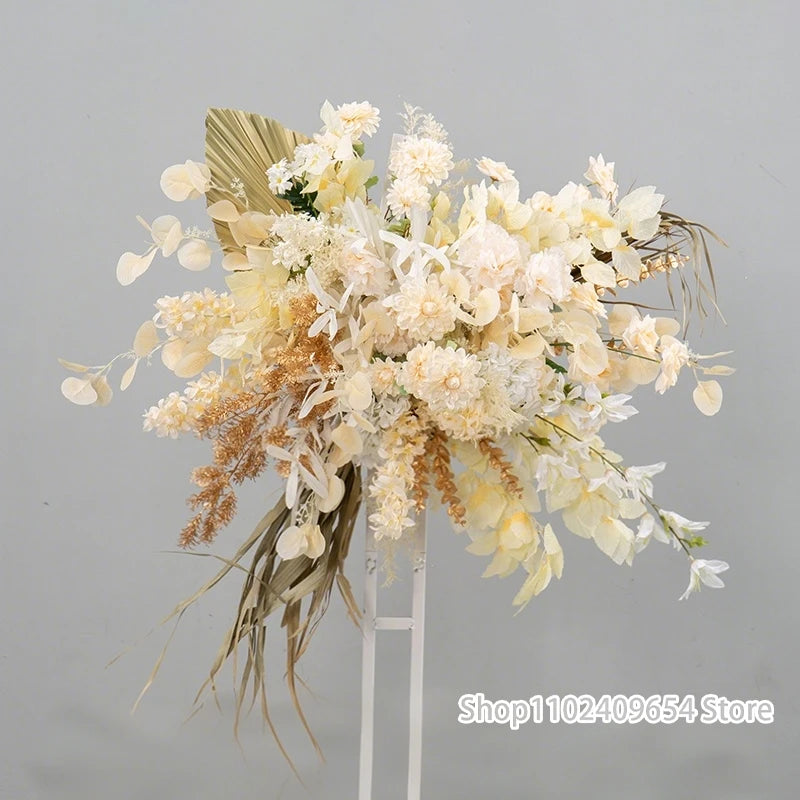arche decorative boho chic fleurs artificielles blanc beige doré vert