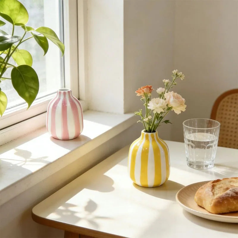 vase porcelaine rayures horizontales bleu blanc rose jaune rouge moderne minimalisteintérieur décoration fleurs