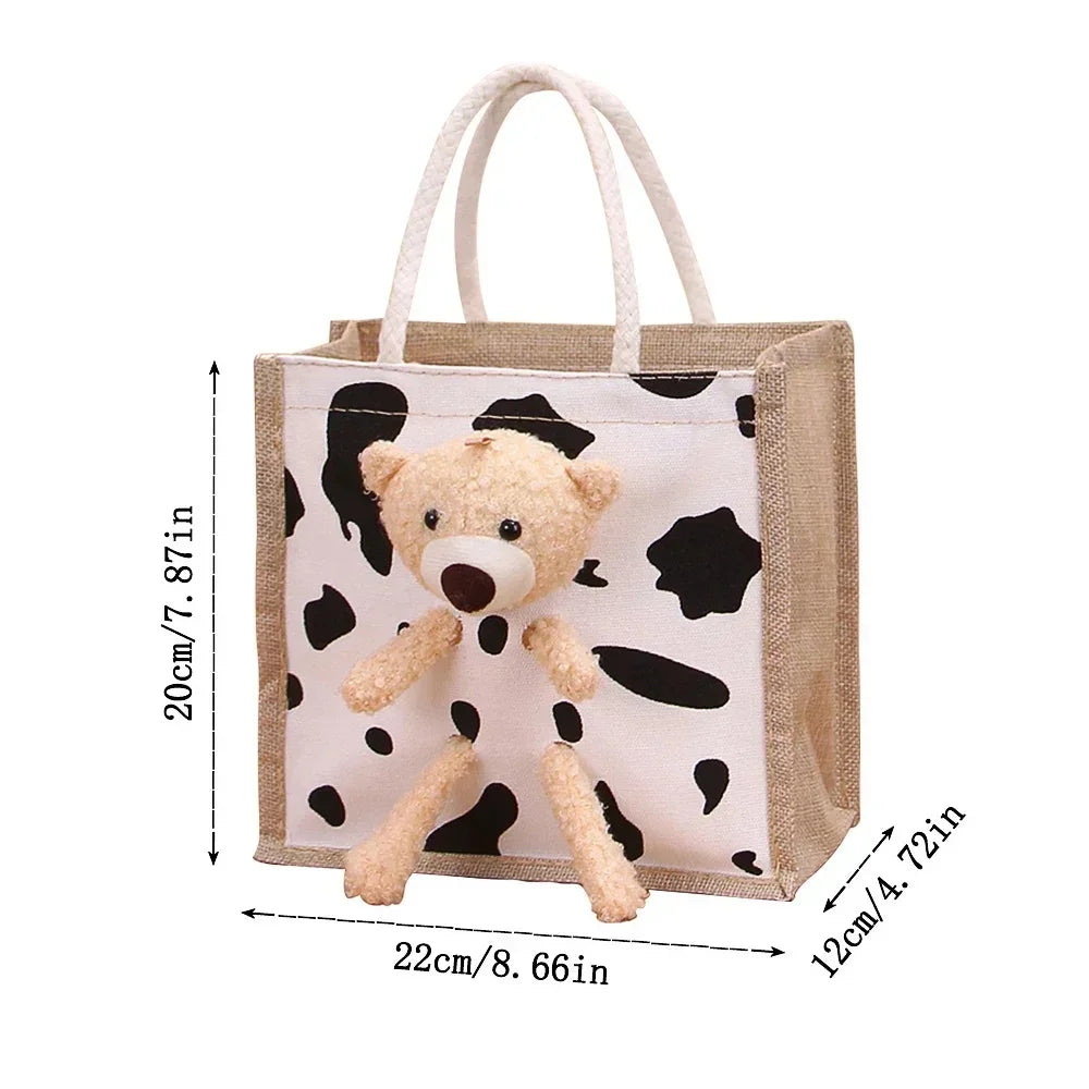 sac main toile vache motif moderne ours peluche poignées corde blanc noir tendance portable