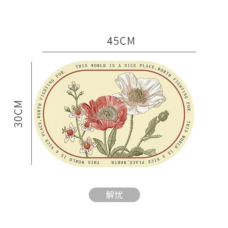 tapis table graphique fleurs blanches jaunes feuilles vertes texte noir respectueux environnement rond