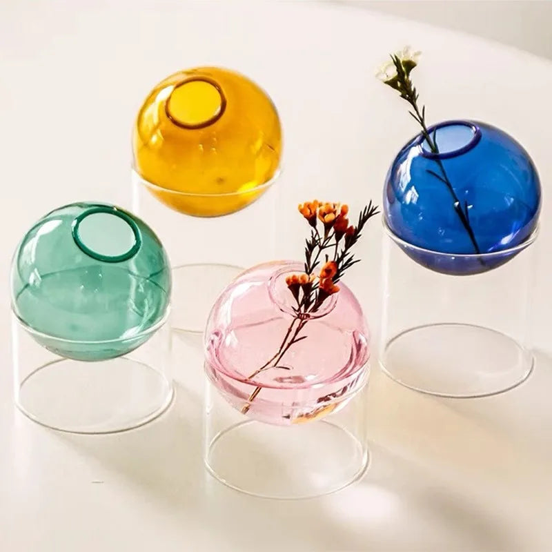 vase verre transparent moderne minimaliste bleu vert rose sphérique tableDecoration floral artificiels