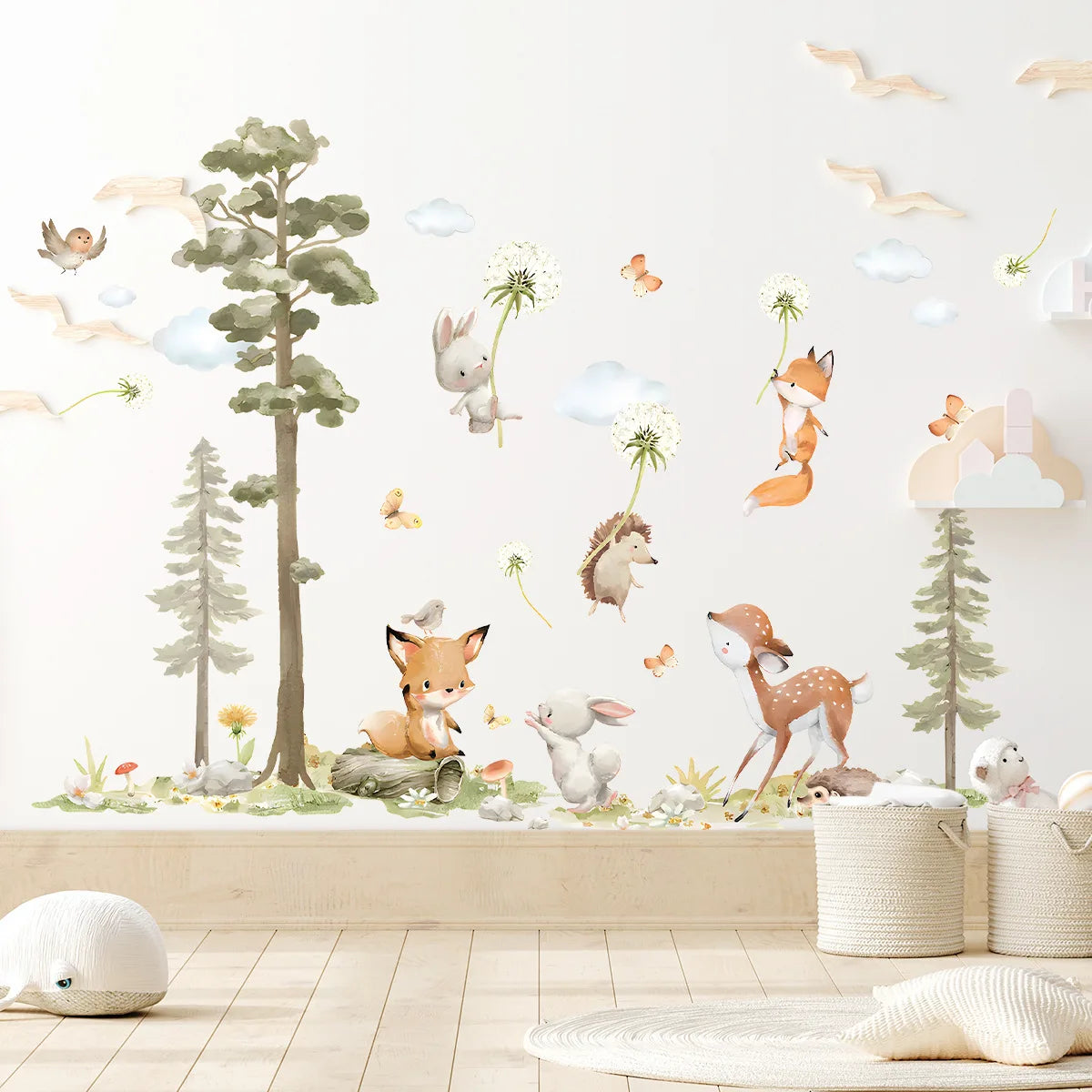 autocollant mural animaux forêt dessin animé décoration chambre bébé fille garçon sticker murale pvc