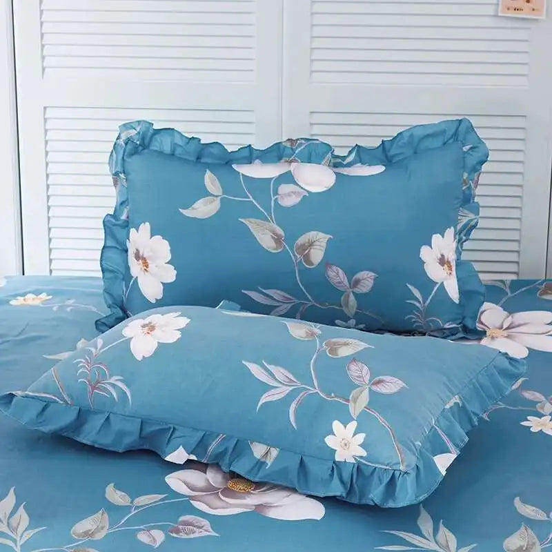 ensemble deux taies d'oreiller bleu fleurs blanches romantique lit double coton polyester