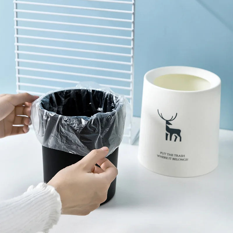 petite poubelle cuisine ronde plastique blanc noir motif cerf lettre minimaliste