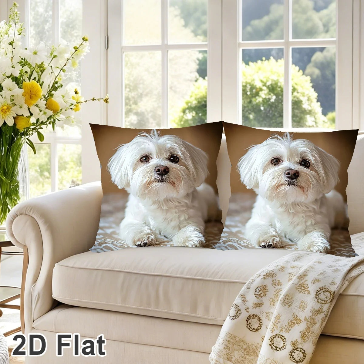 housse coussin chien blanc motif moderne polyester peacheskin fixation salon canapé chambre