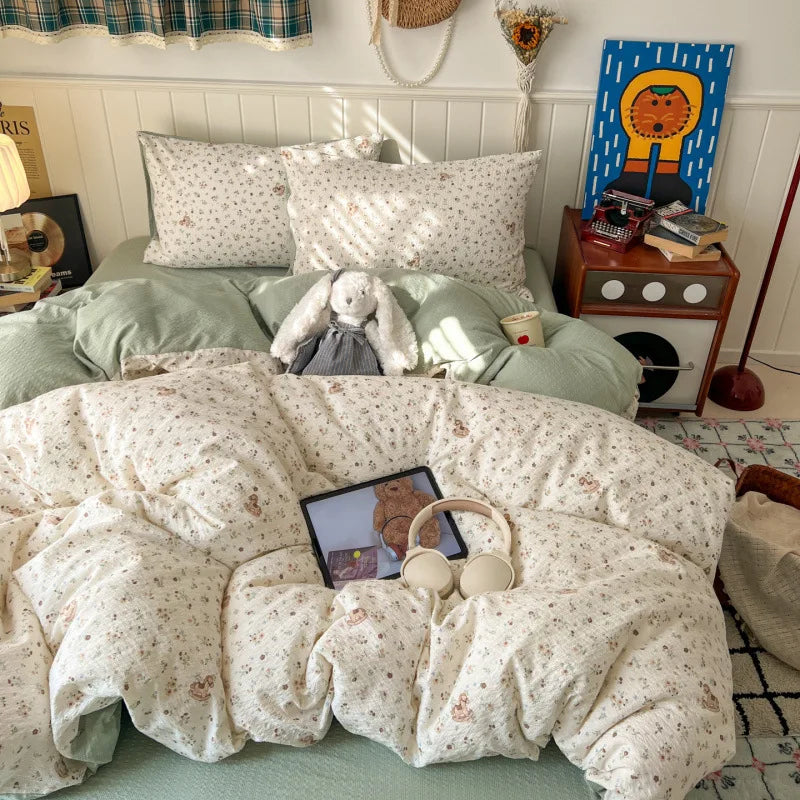 ensemble literie fleuri rose bleu marron clair coeurs taies d'oreiller housses couette doux moderne
