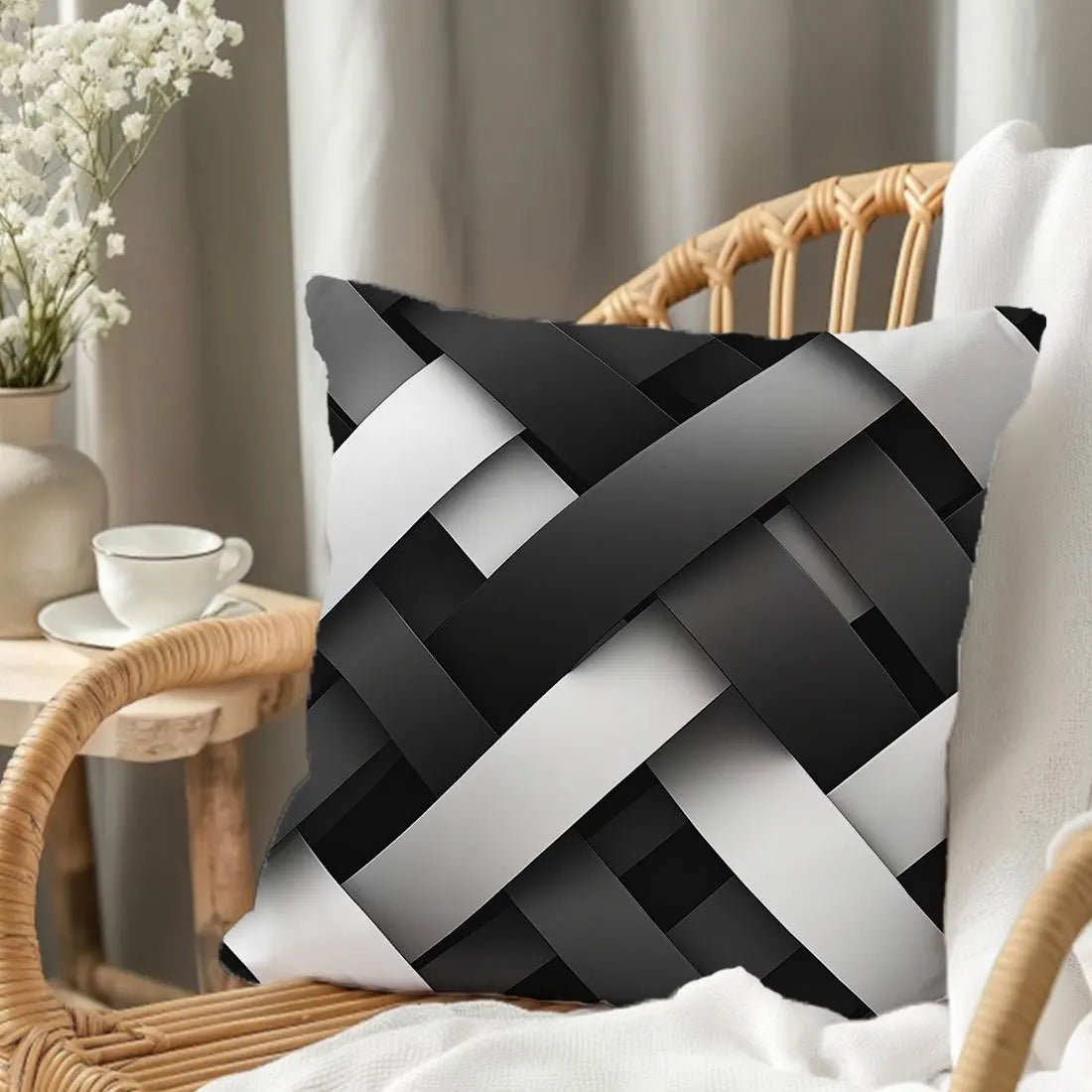 housse coussin double face motif géométrique moderne noir blanc décoratif canapé chambre carreaux polyester