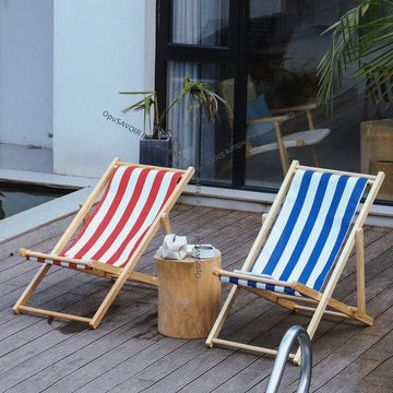 chaise longue pliable bois massif toile rayée plateau d'appoint plage