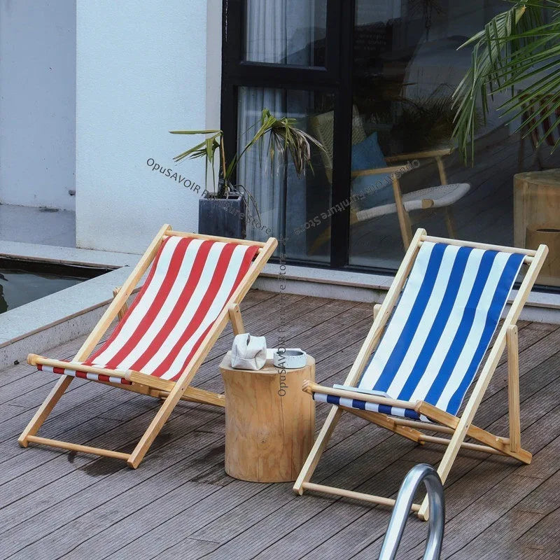 chaise longue pliable bois massif toile rayée plateau d'appoint plage