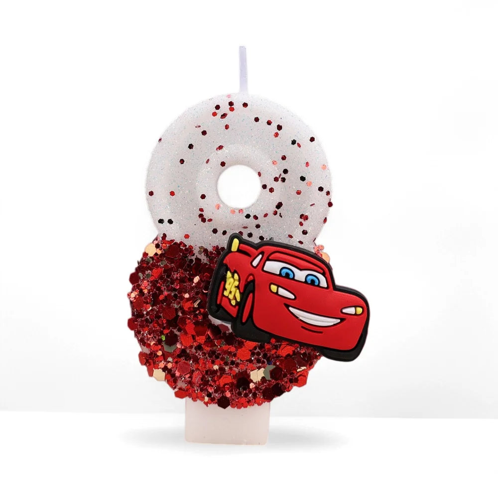 bougies anniversaire forme chiffre sequins motif voiture blanc rouge noir