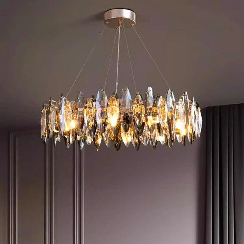 luminaire suspension cristal doré moderne lustre élégant salon salle manger luxe