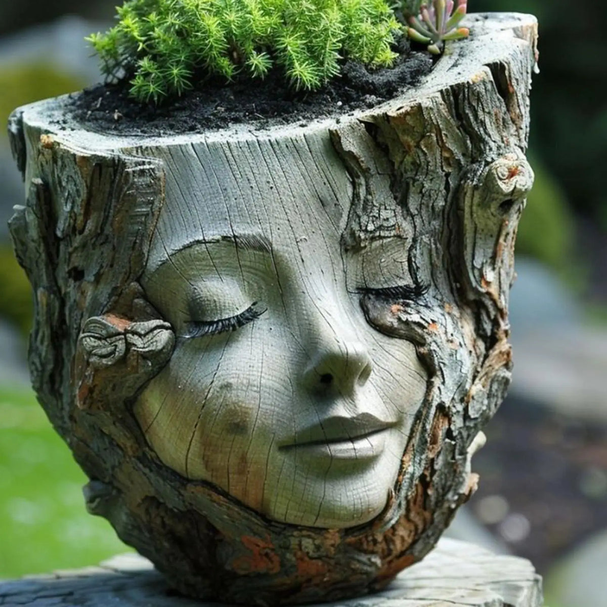 vase forme visage féminin succulentes aspect écorce arborescente décoration extérieure plantes vertes meubles boissons