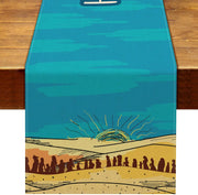 chinois bleu turquoise motif soleil montagne happy passover table decoration taille 183x33cm lin imprimé