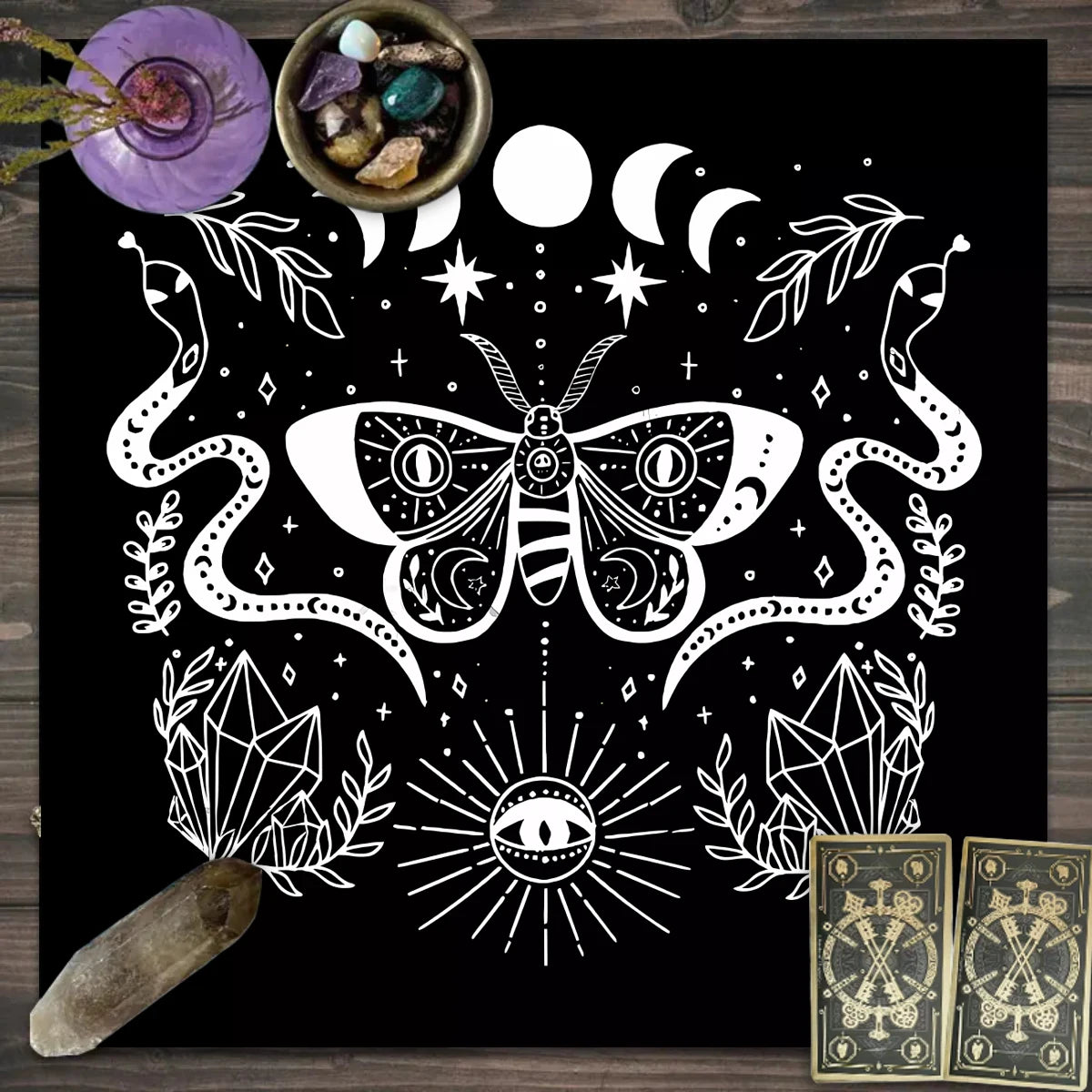 tapis décoratif phénix papillons cristaux astrologie noir rose blanc vert bleu doré moderne fantastique