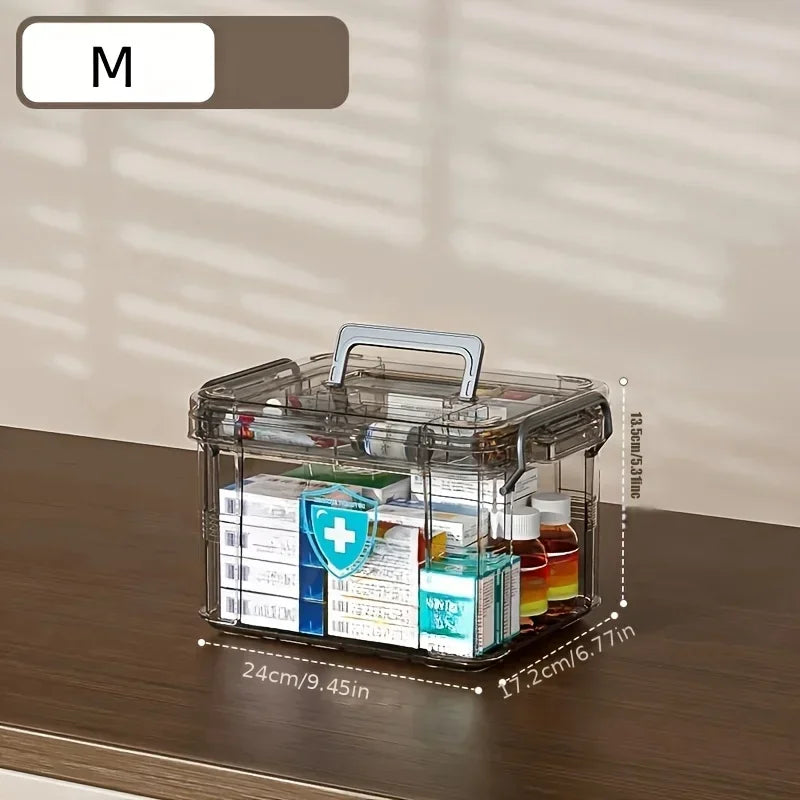 boîte rangement médicaments transparente reutilisable poignée amovible compartiments bouteilles paquets moderne respectueux environnement