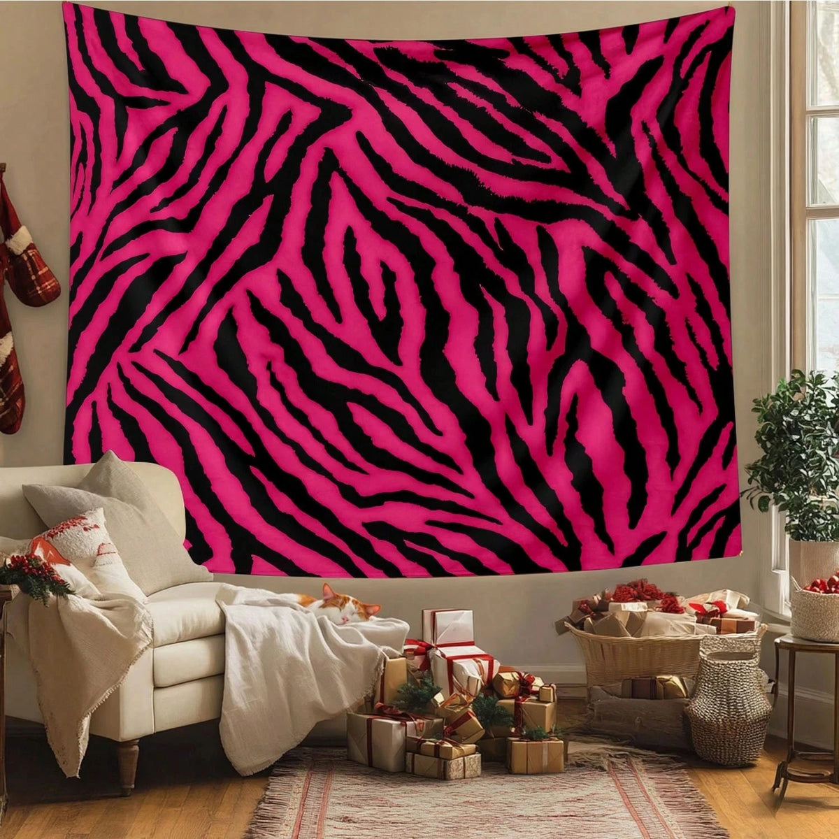 tapisserie moderne zèbres rose noir salon chambre décoration murale grande taille lavable machine