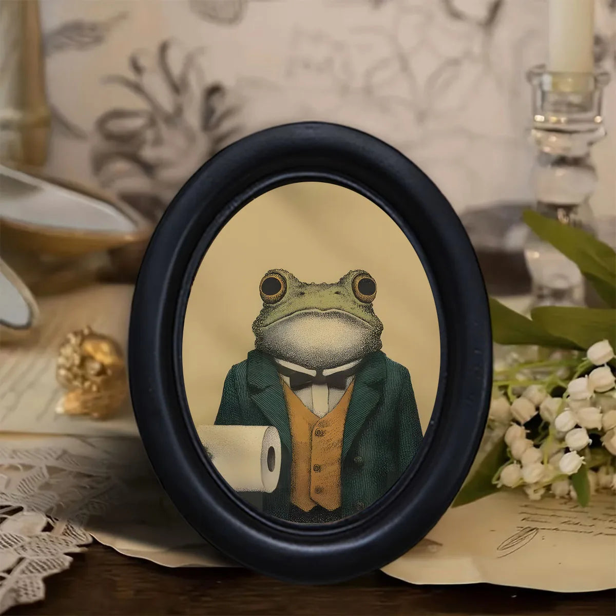 cadre photo grenouille costume serviette classique noir animal décoration salle bain salon vintage erotique