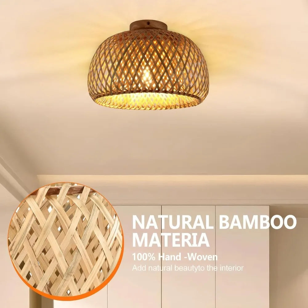 lampe suspendue bois tissage bambou moderne rustique 30cm 38cm led naturel