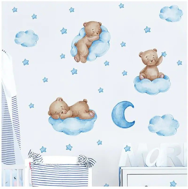 stickers muraux ours peluche rose bleu nuages bonne nuit décoration enfant illustration douce