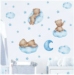 stickers muraux ours peluche rose bleu nuages bonne nuit décoration enfant illustration douce