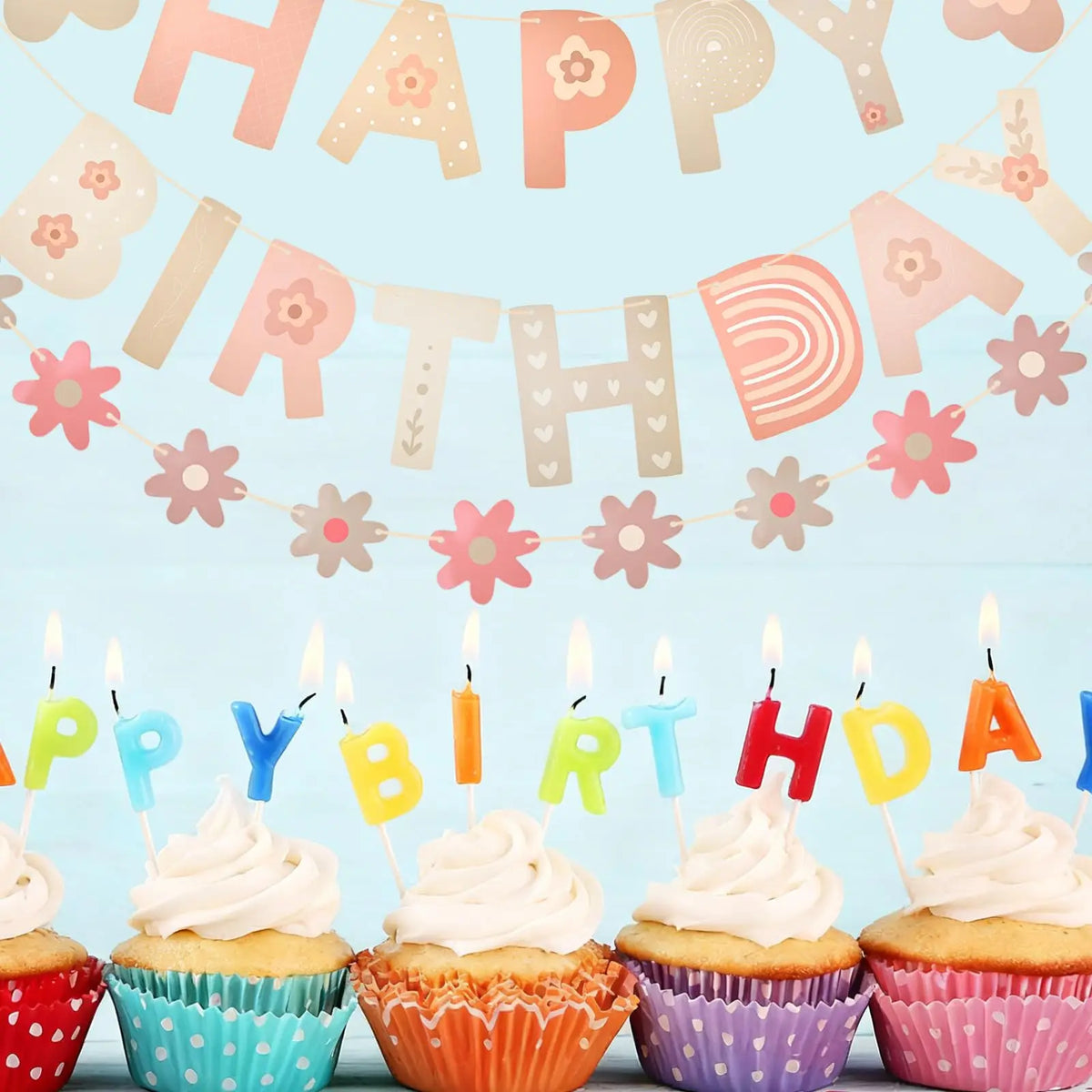 décoration murale guirlande fleurs lettres happy birthday motif floral occasion fête enfants anniversaire baptême