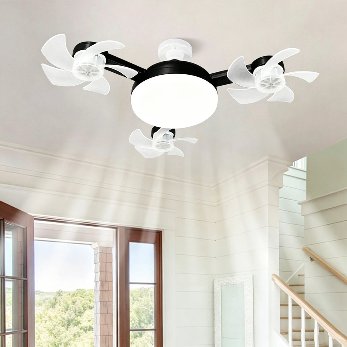 ventilateur lampe led 249 lumens vitesses télécommande moderne ailes translucides noir blanc