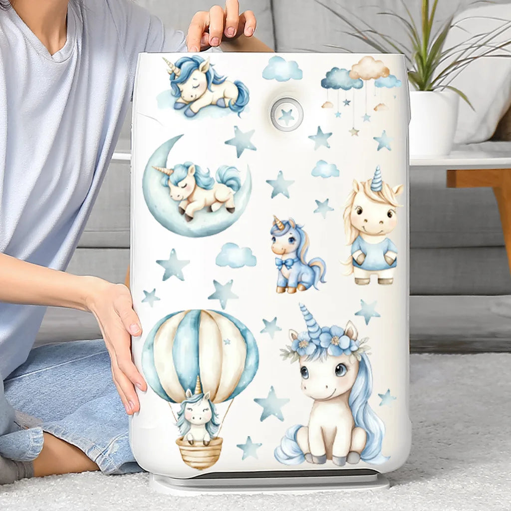 sticker mural licorne dessin animé nuages étoiles enfant chambre décoration mur bleu blanc PVC