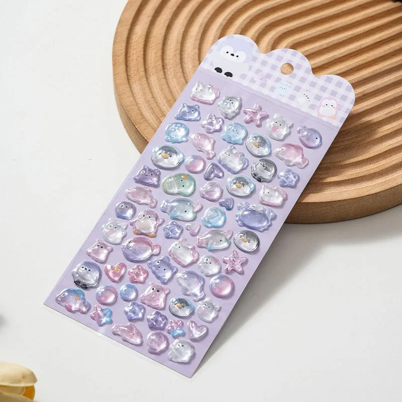 sticker adhésif kawaii animaux coeurs étoiles pastel multicolore transparent reflets