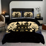 ensemble literie halloween maison hantée noir beige bleu illustrations opaques taies oreillers drap