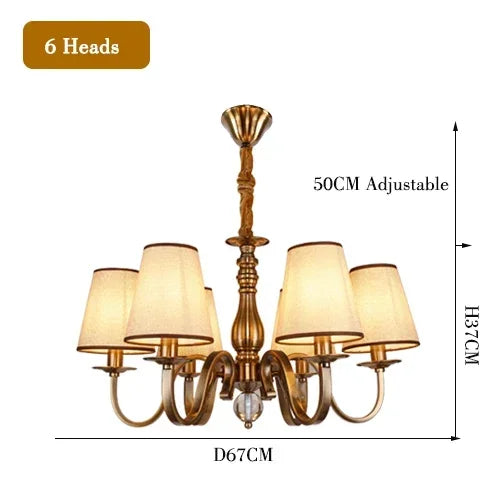 chandelier bronze classique suspension lumière abat jours tissu texturé courbes salle manger