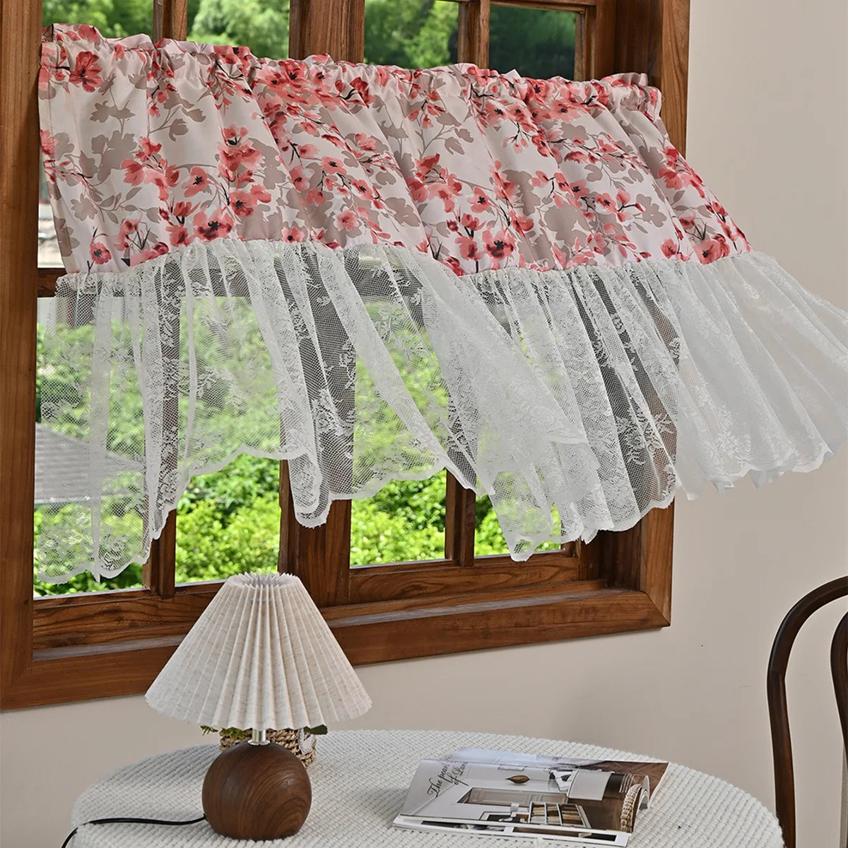 rideau fenêtre vert clair fleurs dentelle vintage taille 140x50cm polyester translucide
