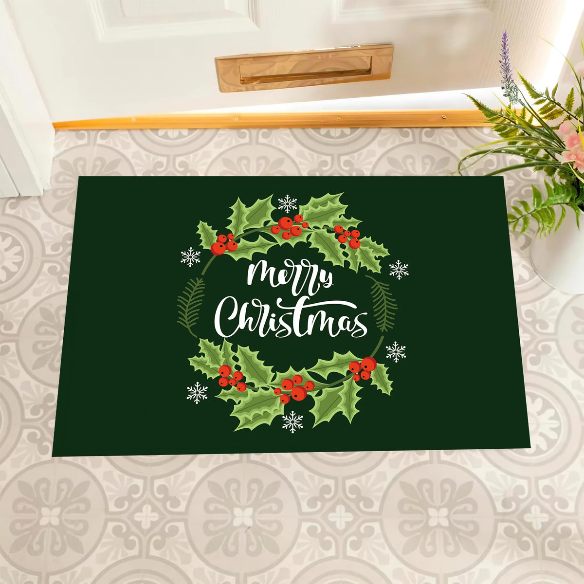 tapis sol antidérapant noël guirlande feuilles houx baies rouges flocons neige vert foncé entrée