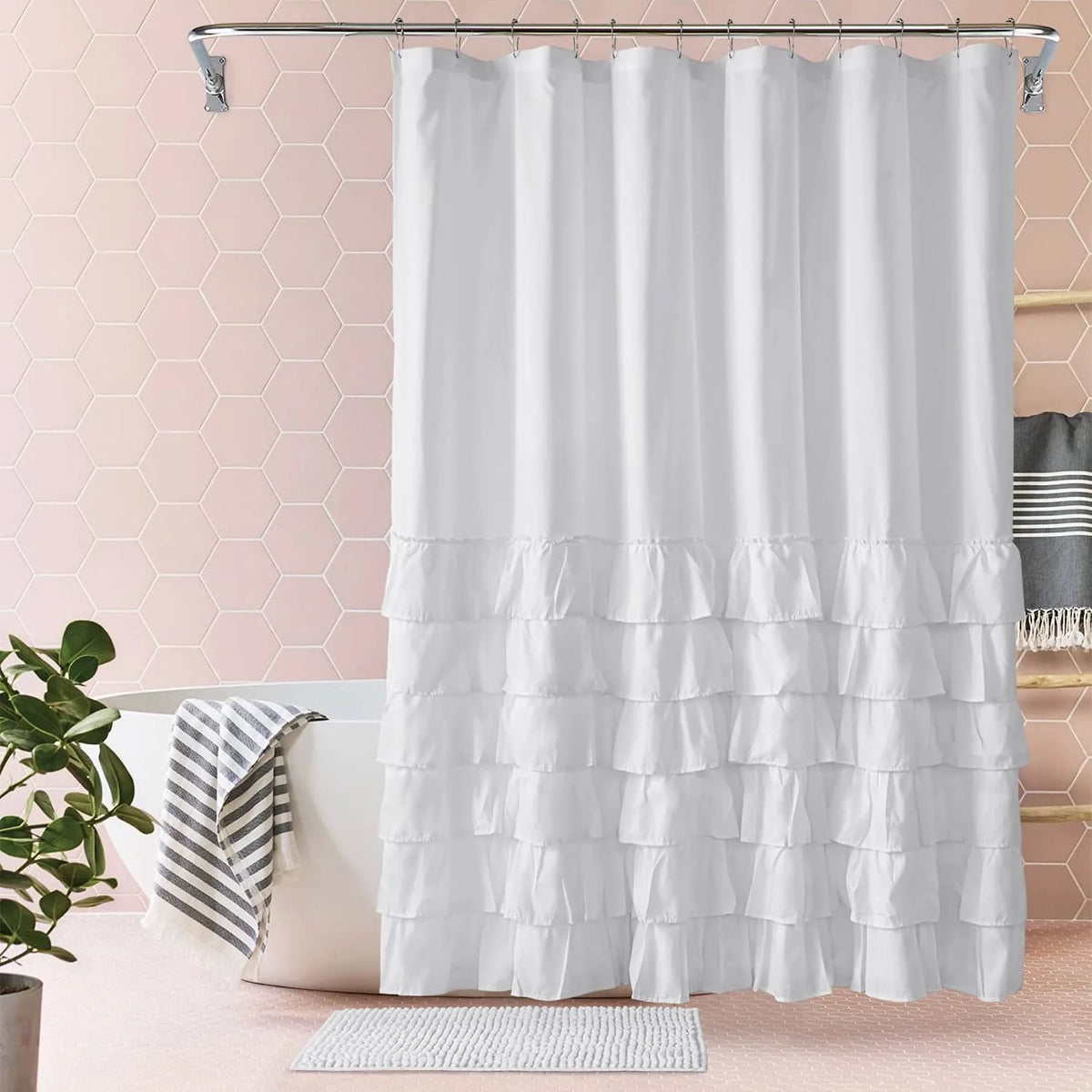 rideau douche blanc volants gris rose classique opacité anneaux métalliques respectueux environnement moderne