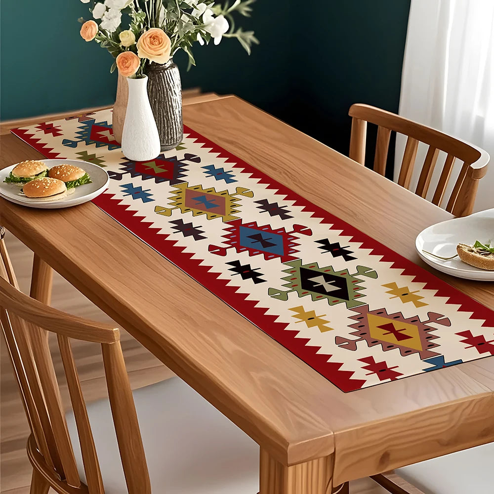table table ethnique géométrique polyester rouge beige bleu vert triangles losanges festive traditionnelle