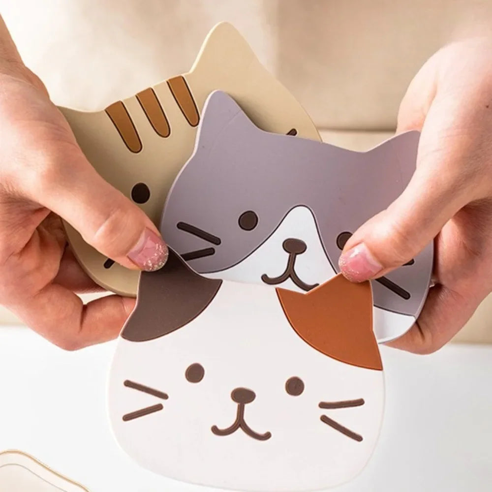 coasters anti dérapants silicone forme chat couleurs gris noir simples cartoon