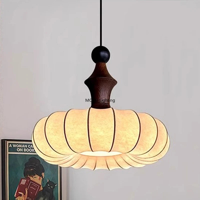 lampe suspendue moderne tissu blanc brun rayures diffuseur bois naturel salon chambre étude 6500K