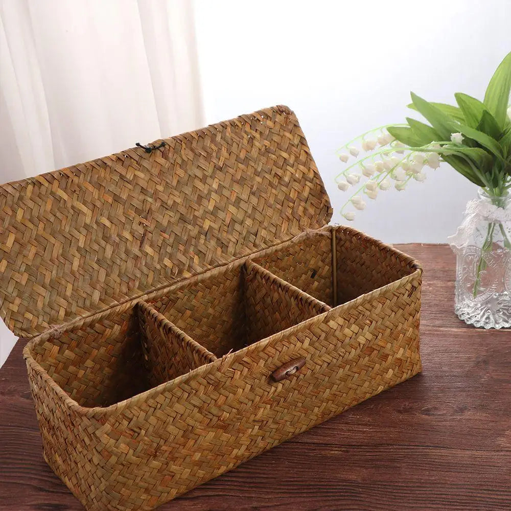 panier compartiments marron clair tissé rustique poignée bois couvercle rangement intérieur