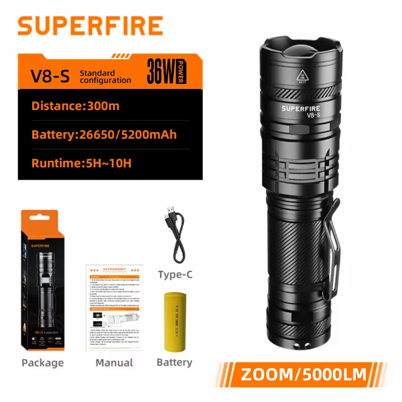 lampe torche led rechargeable 36w 5000lm noir robuste banque alimentation usb