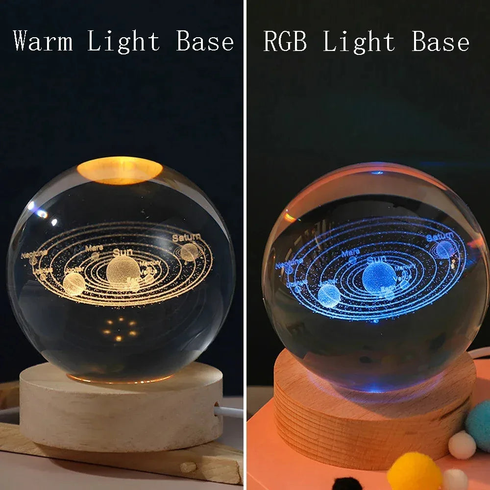 veilleuse boule cristal galaxie saturne transparente base bois minimaliste led éclairage maison decoration
