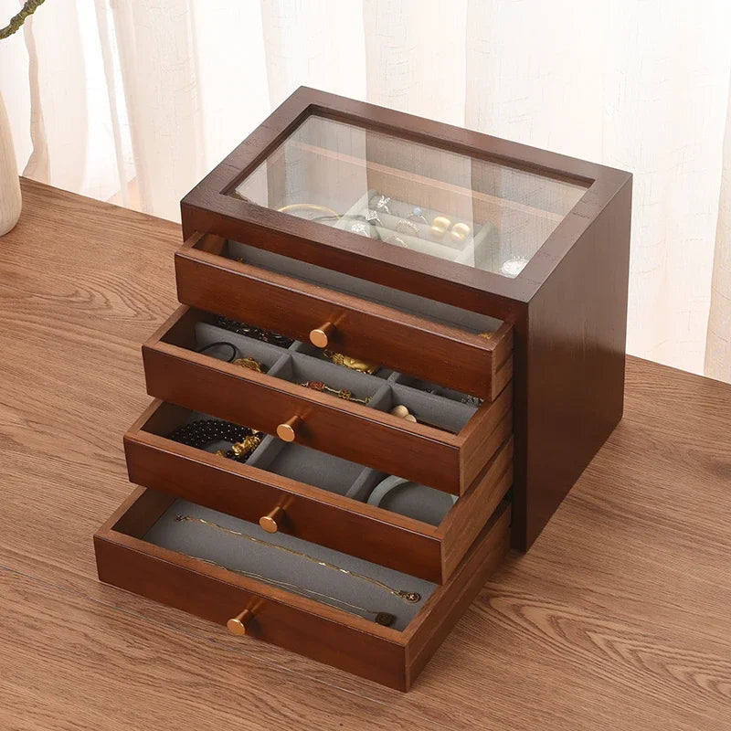 boîte bijoux marron foncé verre transparent poignées dorées classique envelloppe présente bijoux faux daim