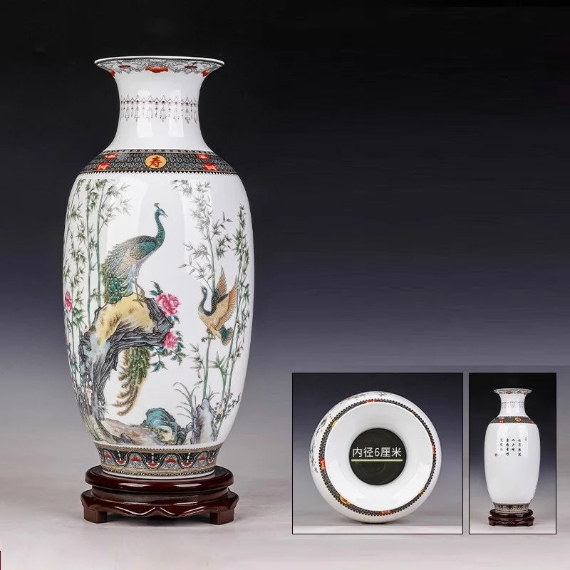 vase céramique traditionnel chinois oiseaux pavons fleurs bambou géométrique salon decoration