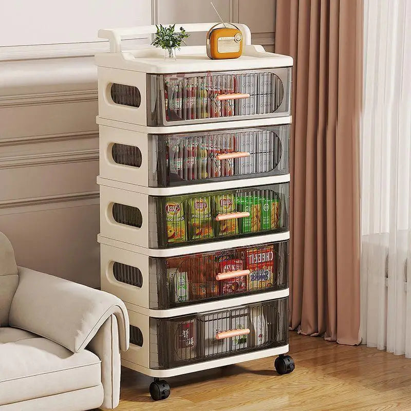 meuble rangement mobile tiroirs roulettes beige clair rayures horizontales moderne
