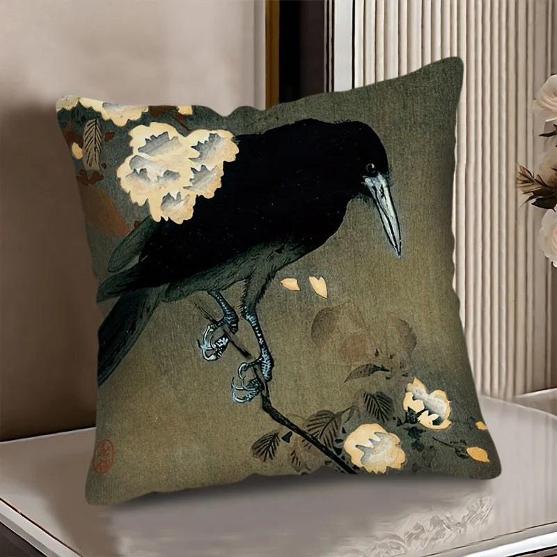 taies d'oreiller décoratives imprimées floral motifs fleurs oiseaux polyester vert clair blanc zip 45x45cm