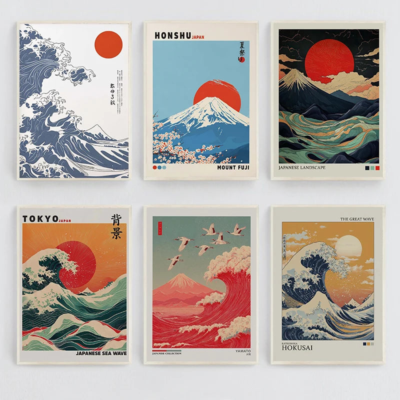 affiche toile paysage japonais mont fuji vagues soleil rétro décoration salon cadre noir
