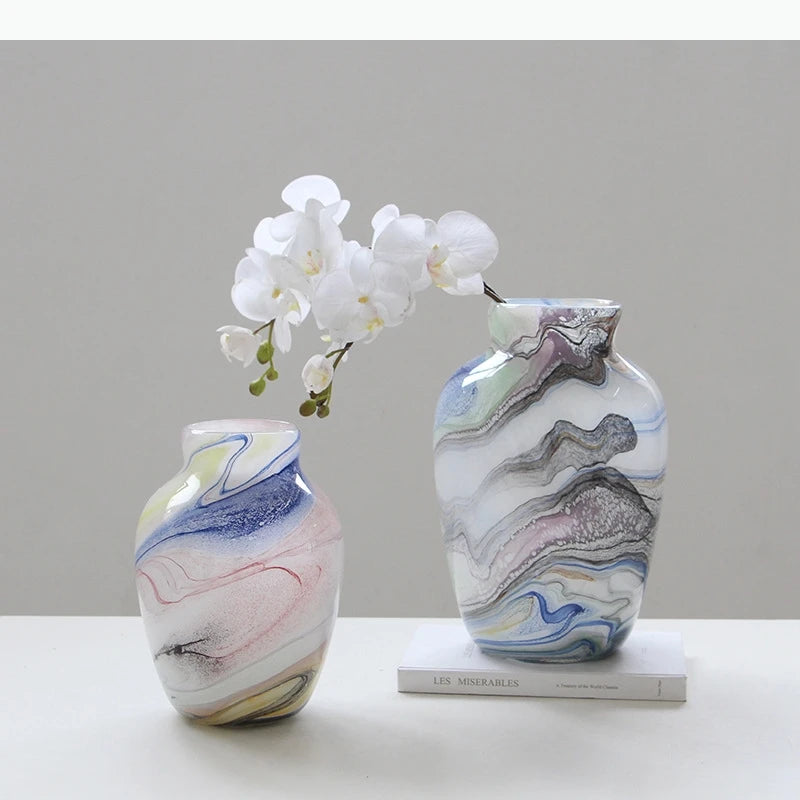 vase moderne opaques marbré blanc bleu gris rose vert jaune fleurs artificielles tableDecoration