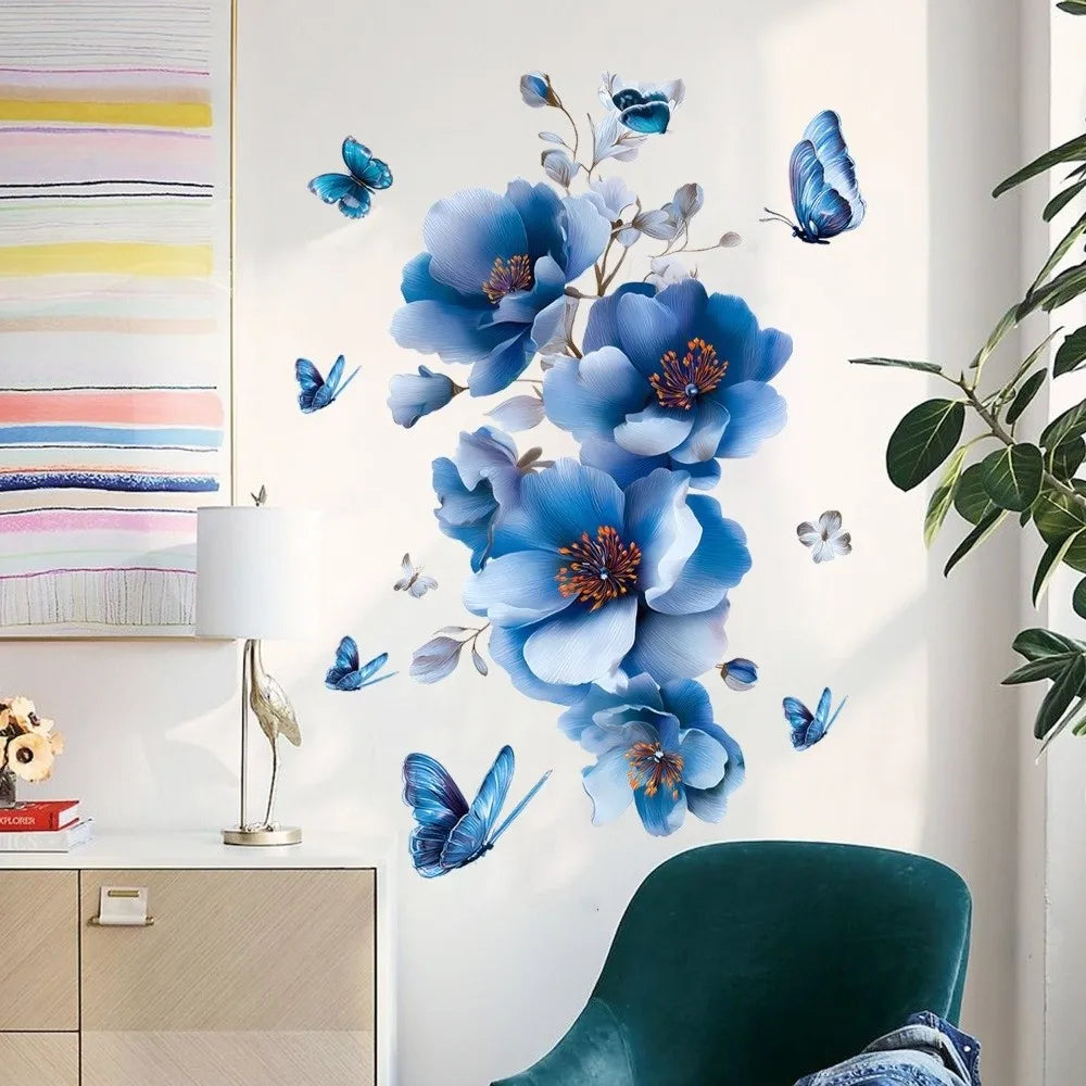 stickers muraux fleurs papillons art floral adhésifs decoration murale maison bleu blanc vert rose