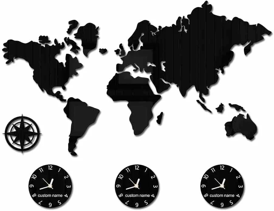 décoration murale carte monde horloges york londres tokyo boussole moderne géographique