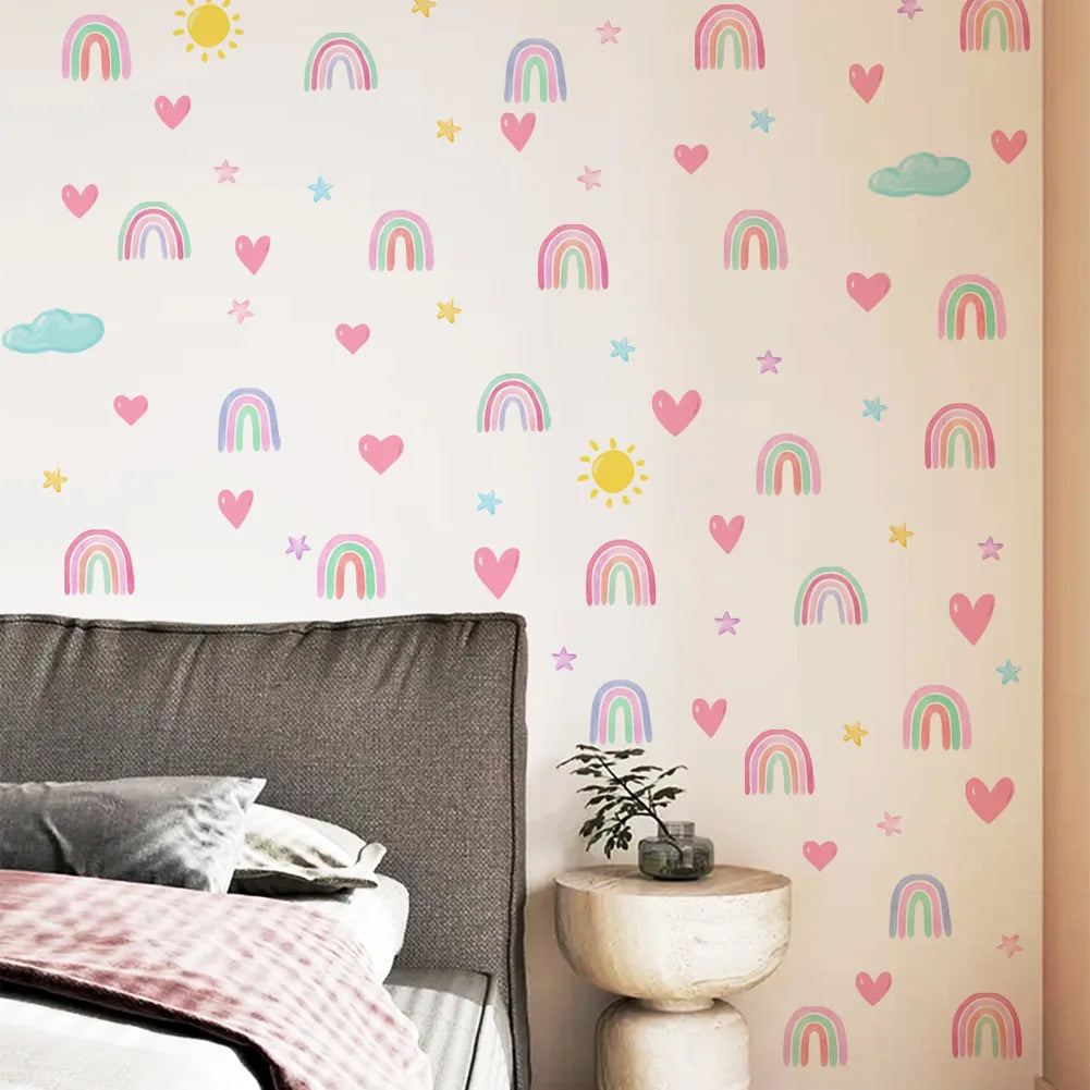 stickers muraux arc ciel étoiles coeurs nuages enfants decoration chambre autoadhésifs pvc resistant eau